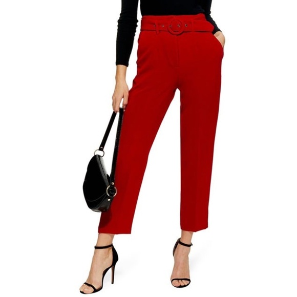 Topshop High Waisted Ayla Red Trouser Pants Ankle Cropped Size 4 - Picture 1 of 14